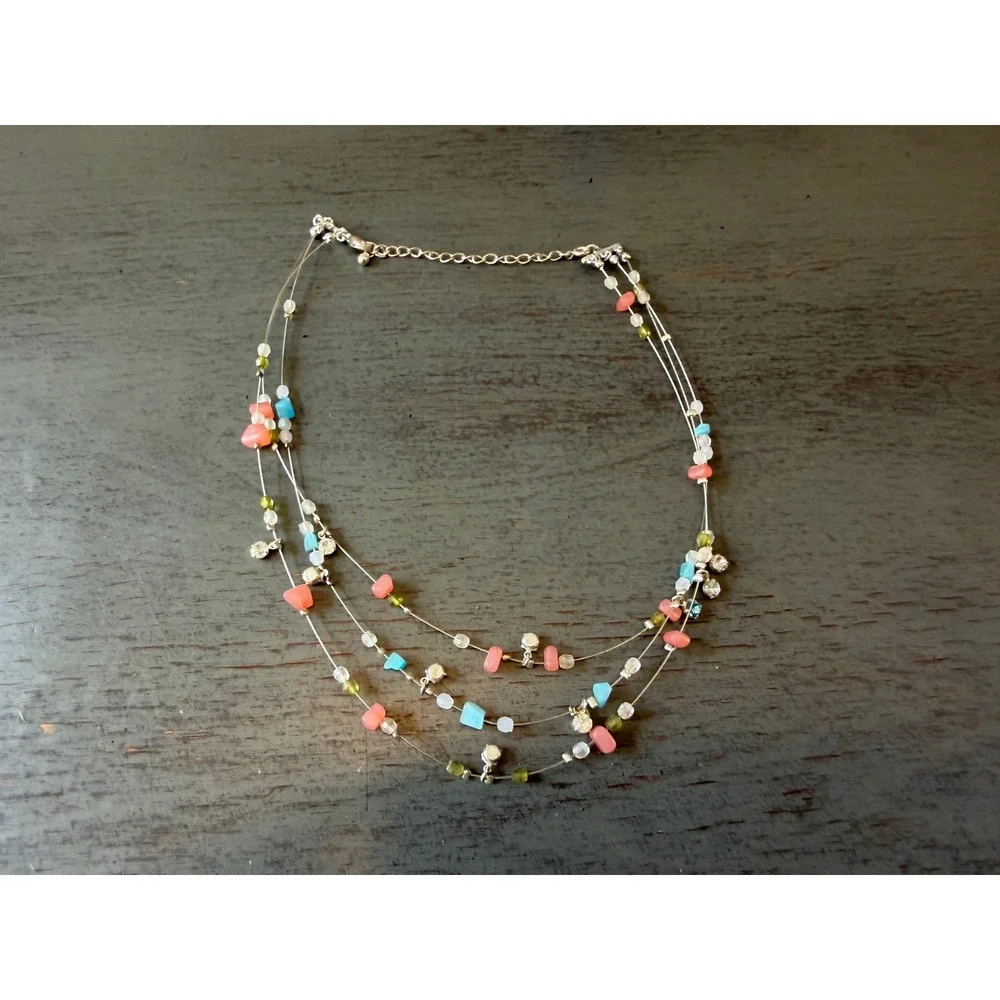 Vintage Multi Strand Illusion Necklace Pastel Beads Rhinestones Silver Tone 19in